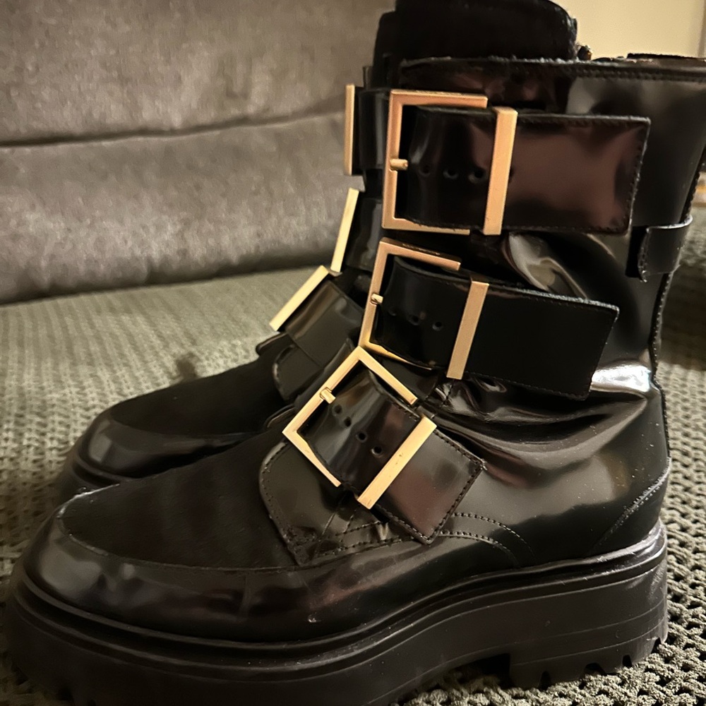 All Saints Lynx Triple Buckle Leather Pony Boots Size 38 worn once